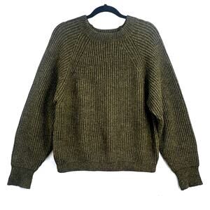 VTG Chunky Olive Green Ribbed Knit Sweater M Raglan Alpaca Blnd Danish Pullover